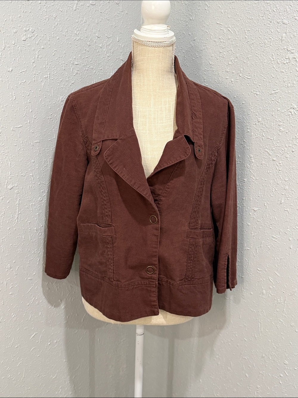 Marianne Women's Linen Chocolate Brown Utility Jacket Size XL Vintage